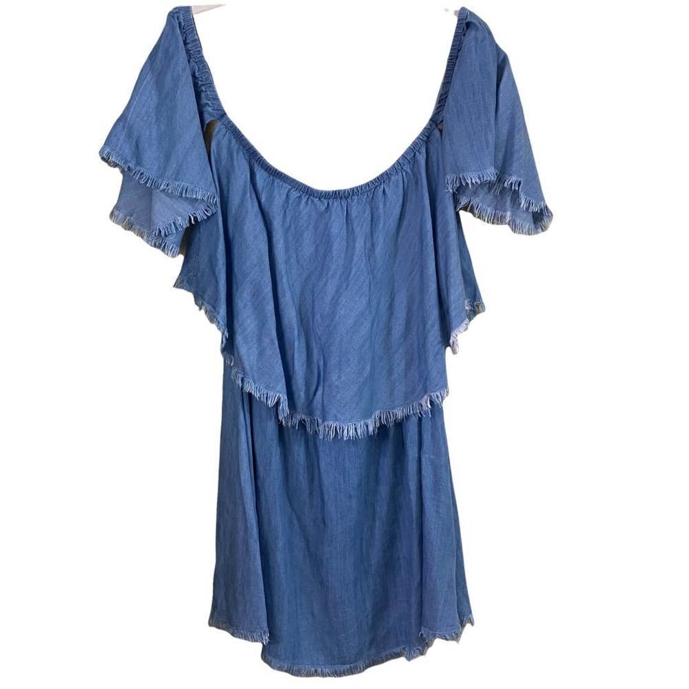 Elan Off -Shoulder Blue Ruffle -Layer Raw Edge Off-Shoulder Mini Dress - Picture 5 of 7
